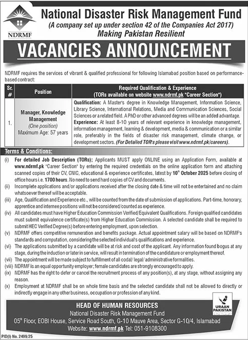 Jobs in National Disaster Risk Management Fund Islamabad